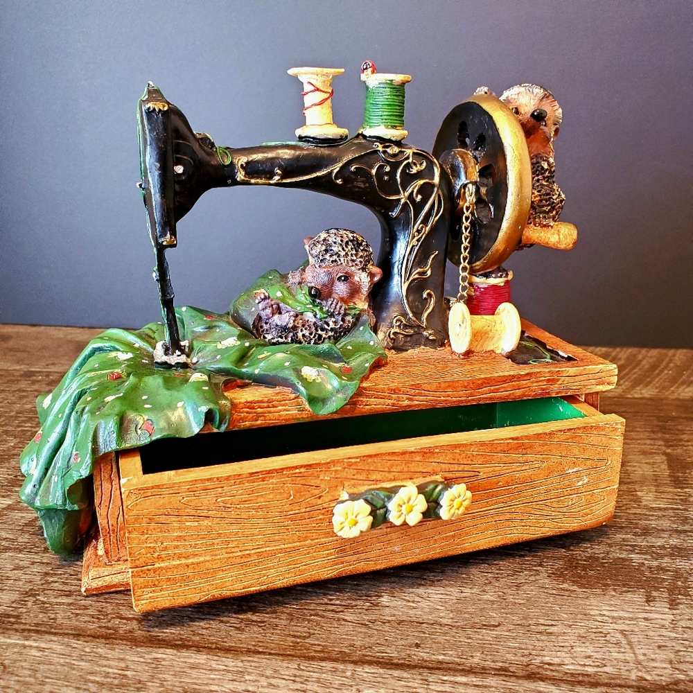 Bramble & Clover Sewing Machine Figurine with Hedgehog. Drawer.